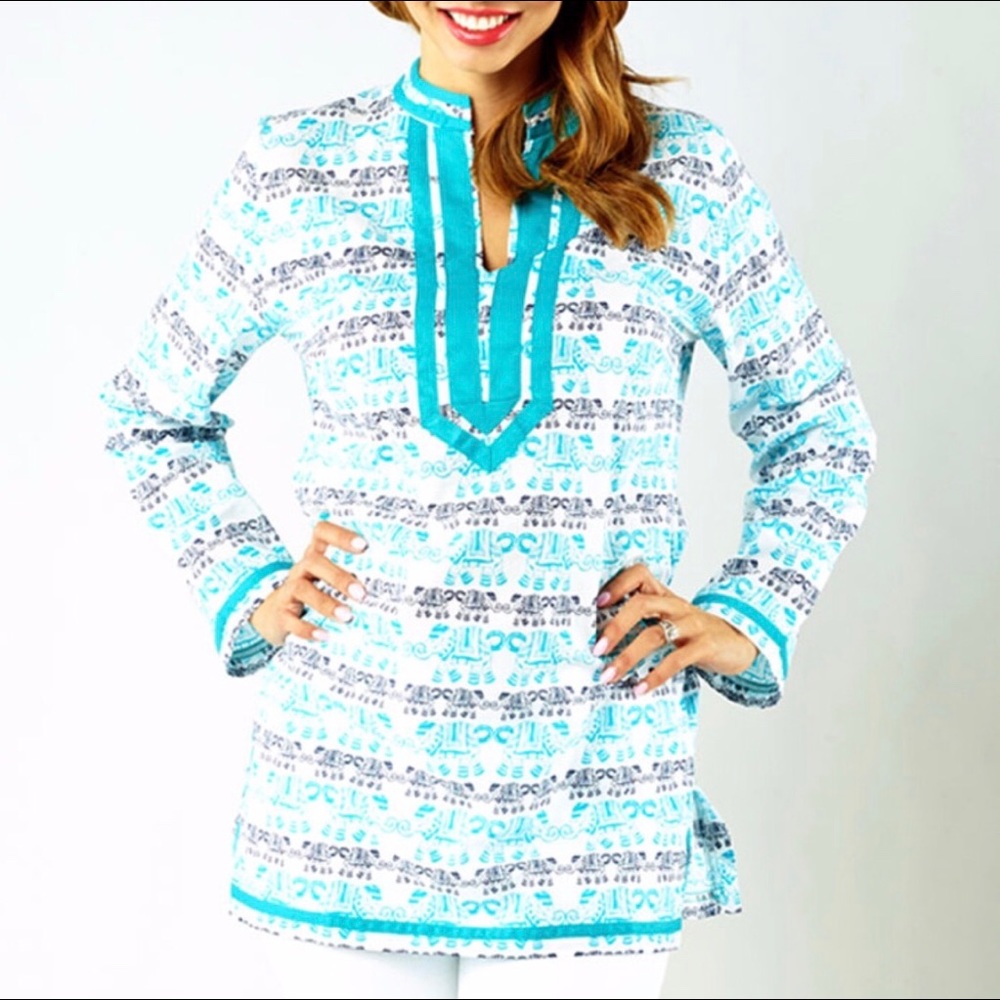 Tracy Negoshian White & Teal Elephants Abby Tunic